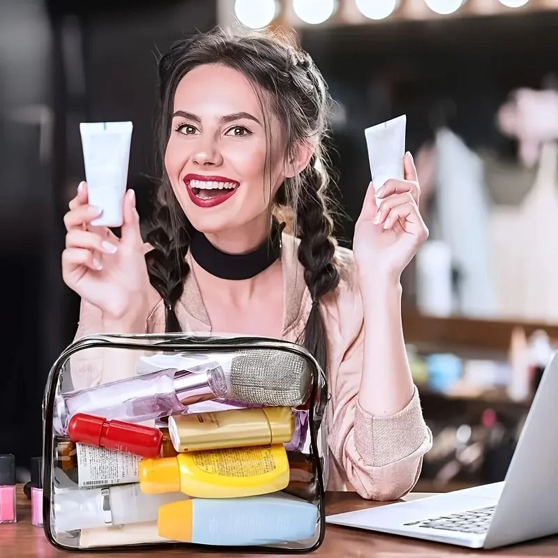 3Piece Transparent Travel Cosmetic Bag Set Zippered Toiletry Organizers MultiFunctional Portable S 2