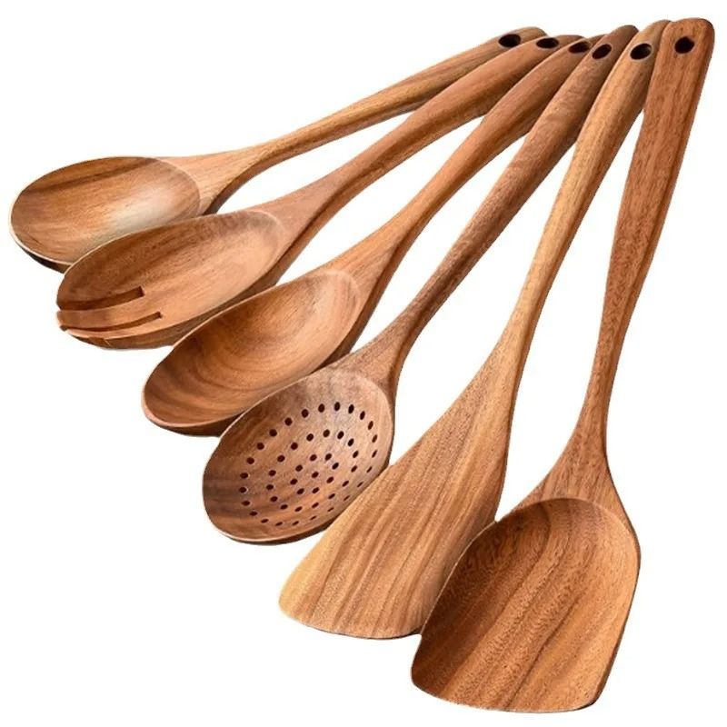 6PCS Wood Kitchenware Cooking Spatula And Spoon Set With Storage Bucket 1