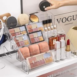 clear cosmetic space saving display stand for makeup and palettes