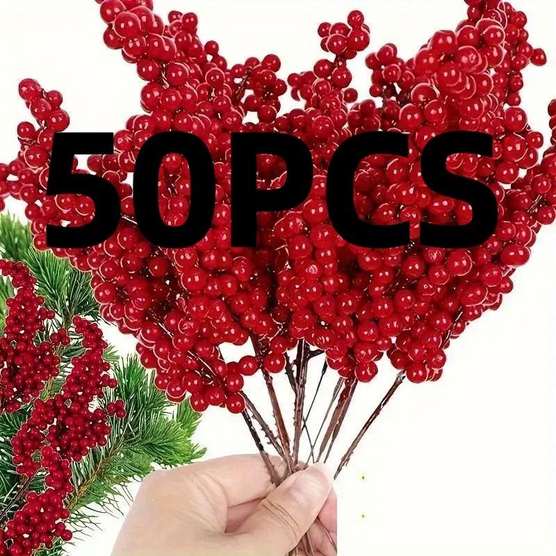 50pcs Artificial Red Berry Branches For DIY Crafts And Holiday Decor 1
