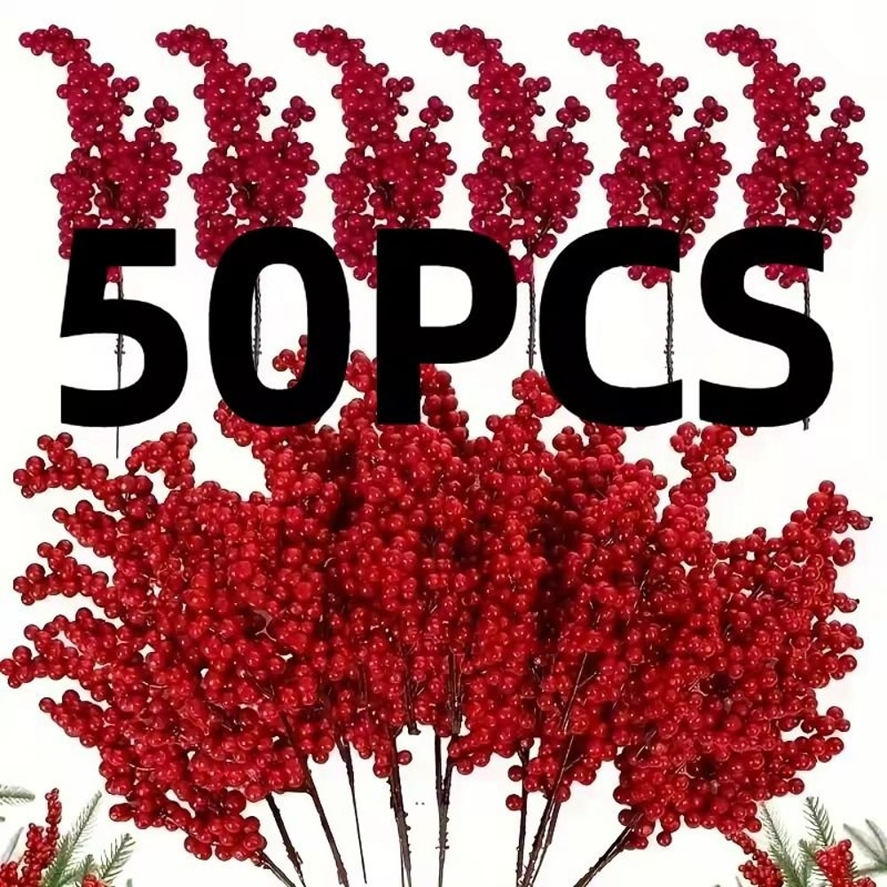 50pcs Artificial Red Berry Branches For DIY Crafts And Holiday Decor 0