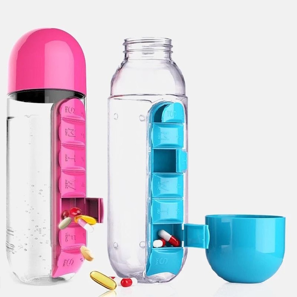 2 In 1 600ml Water Bottle With 7Day Pill Organizer 0