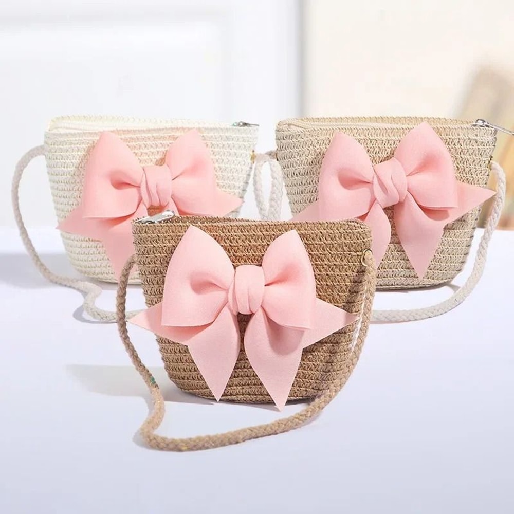 Cute Bow Straw Shoulder Bag And Mini Crossbody Purse For Girls 0