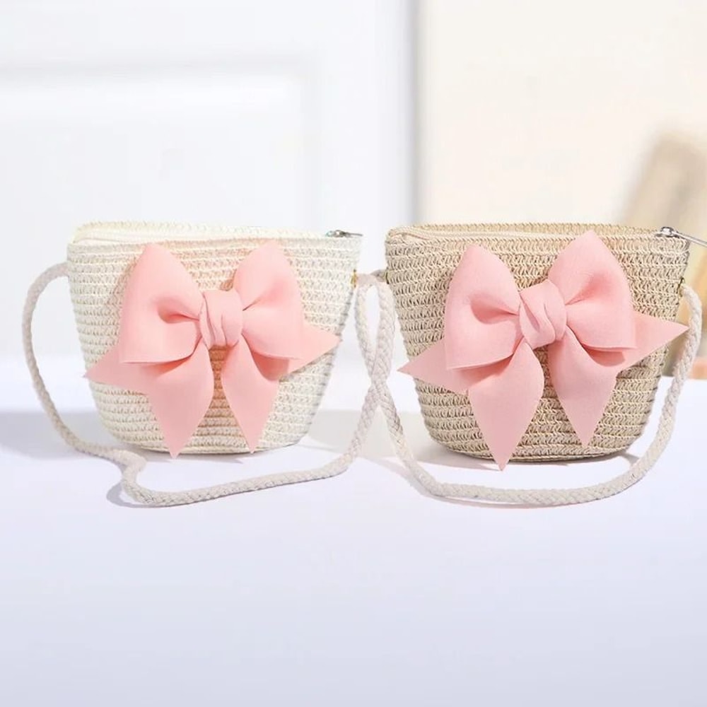 Cute Bow Straw Shoulder Bag And Mini Crossbody Purse For Girls 1