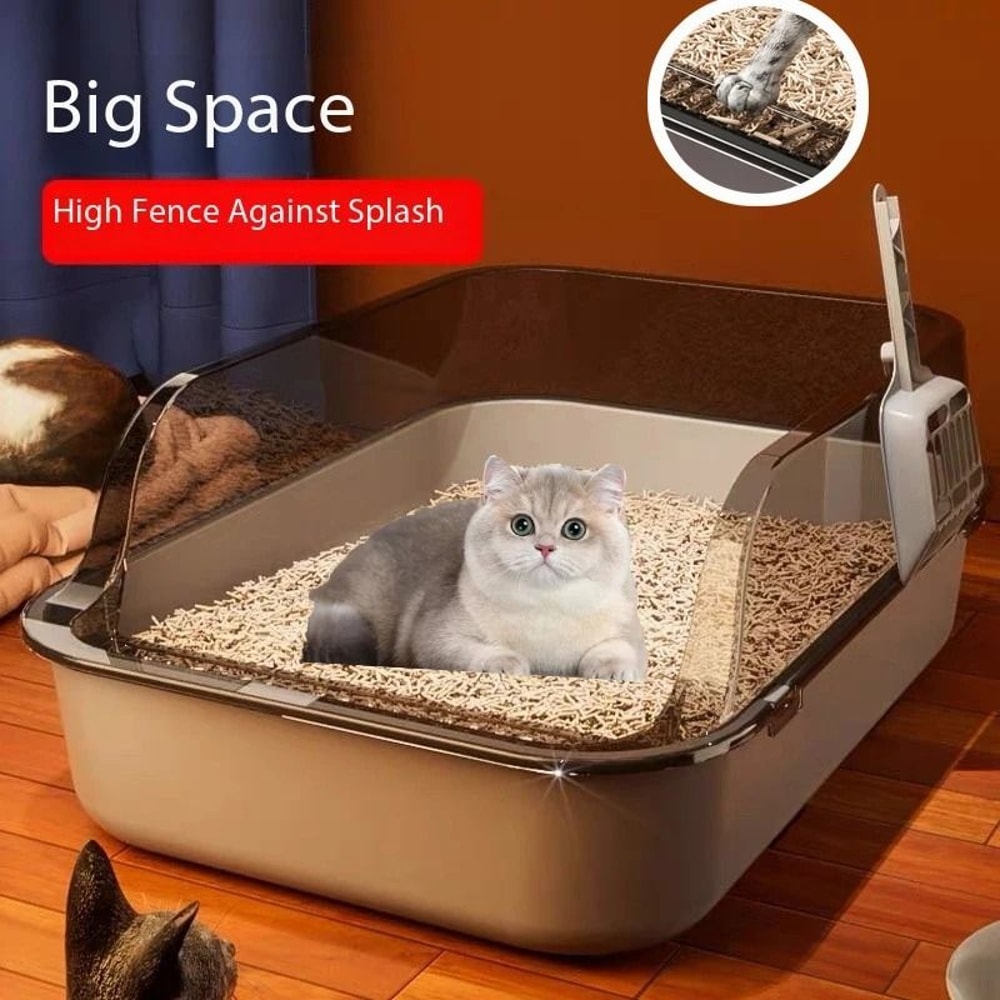Semi Enclosed High Side Splashproof Cat Litter Box With Shield 0