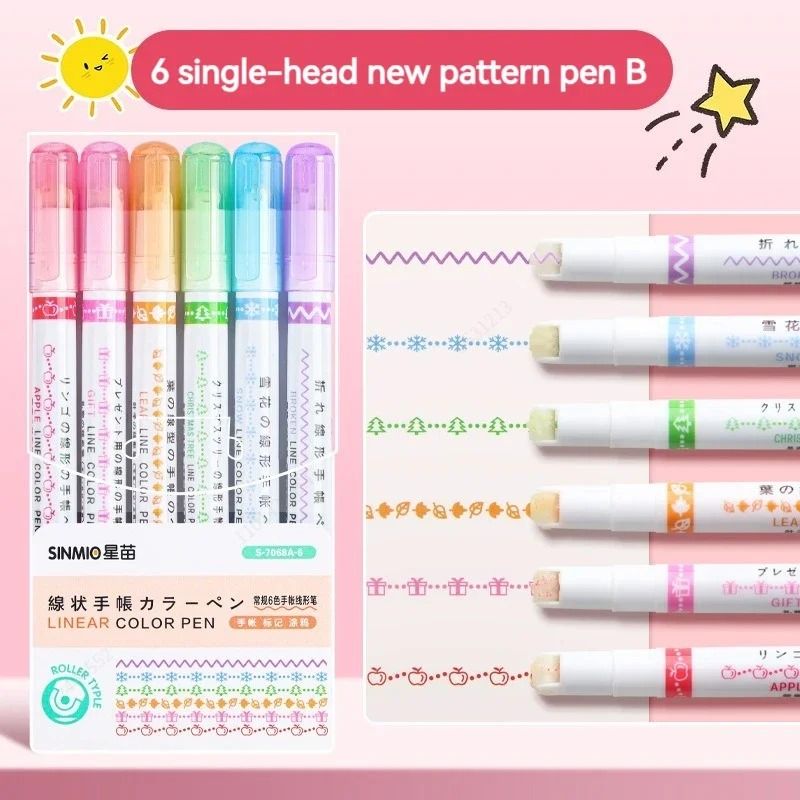 Kawaii Flower Line Shape Roller Curve Highlighter Pen Set 9