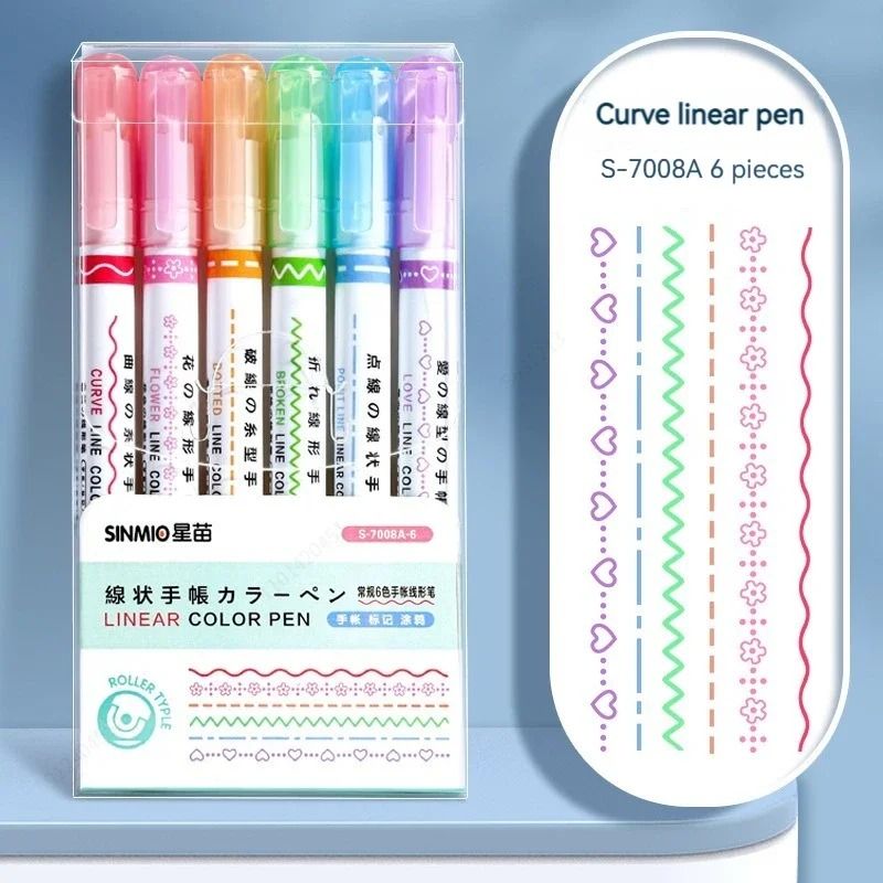 Kawaii Flower Line Shape Roller Curve Highlighter Pen Set 8