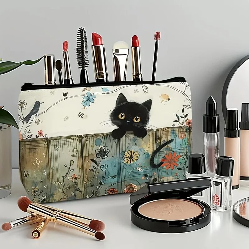Cute Cat Floral Makeup Jewelry Storage Bag 1