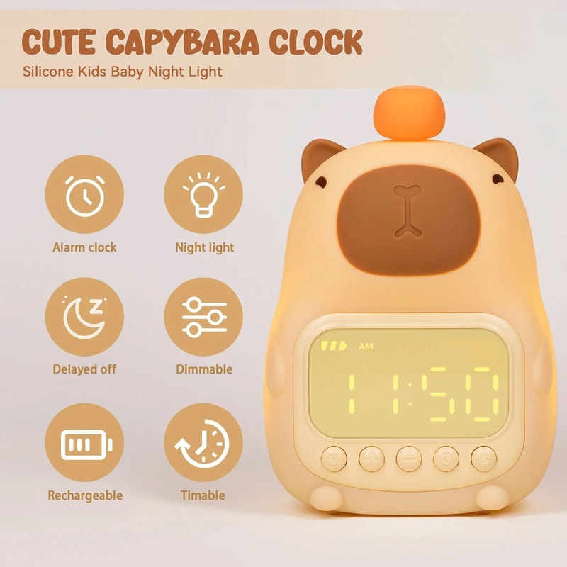 Cute Capybara Rechargeable Kids Alarm Clock Night Light 1