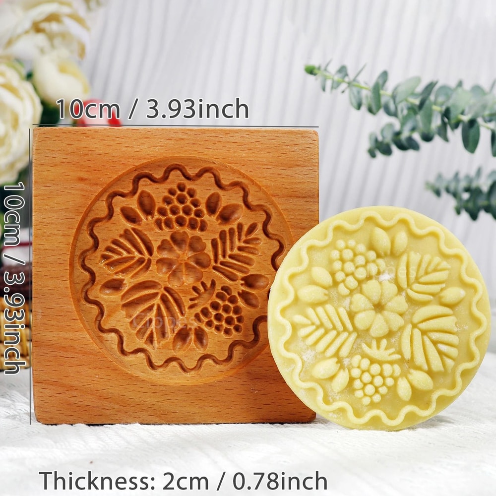 Wood Carved Floral Cookie Mold 9