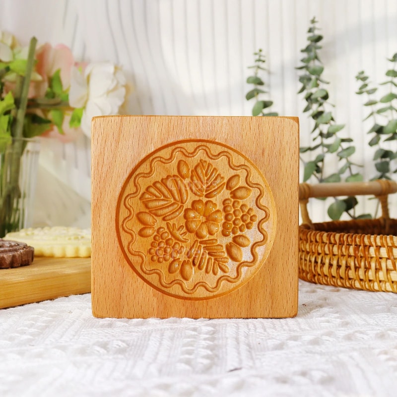 Wood Carved Floral Cookie Mold 2