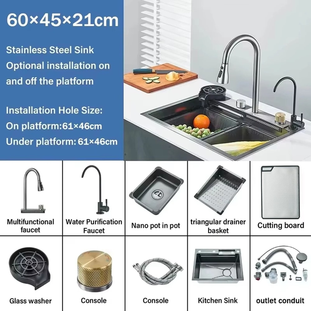 304 Stainless Steel Waterfall Kitchen Sink System 6