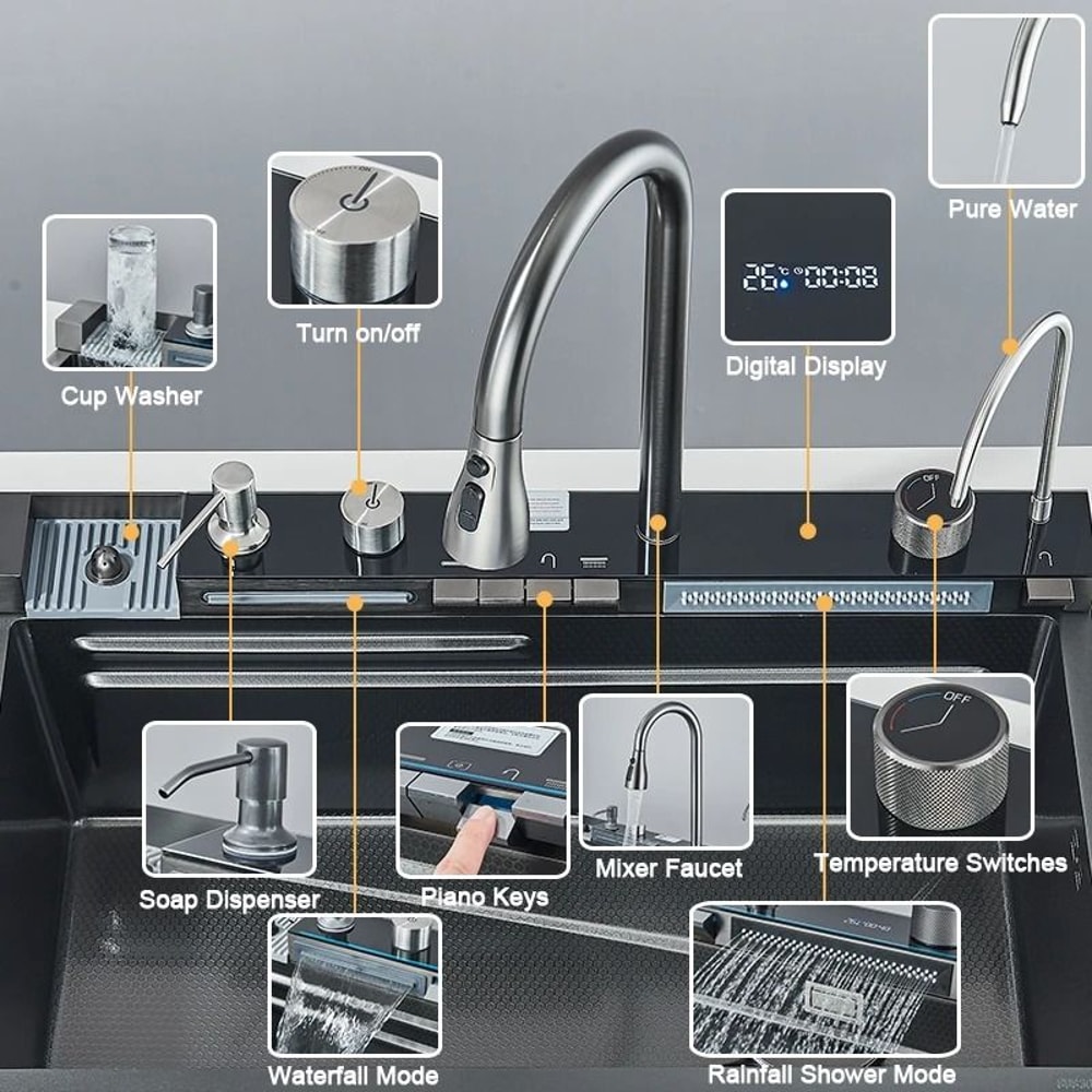 Stainless Steel Digital Waterfall Kitchen Sink System 2
