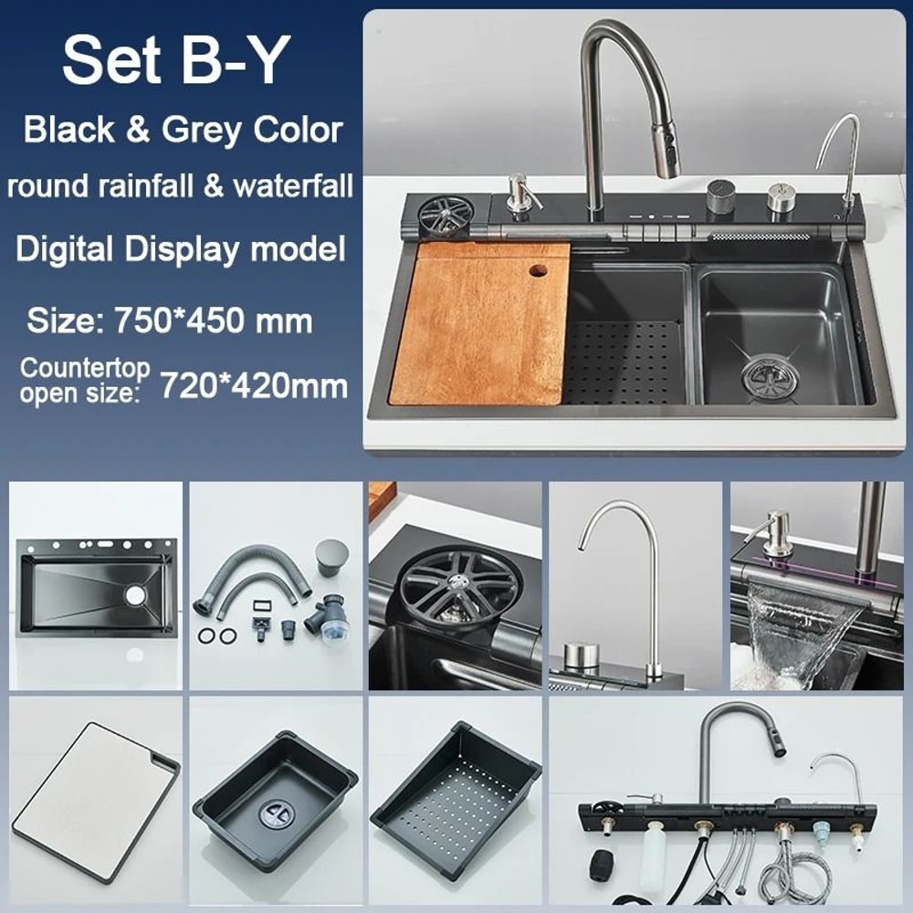 Stainless Steel Digital Waterfall Kitchen Sink System 12