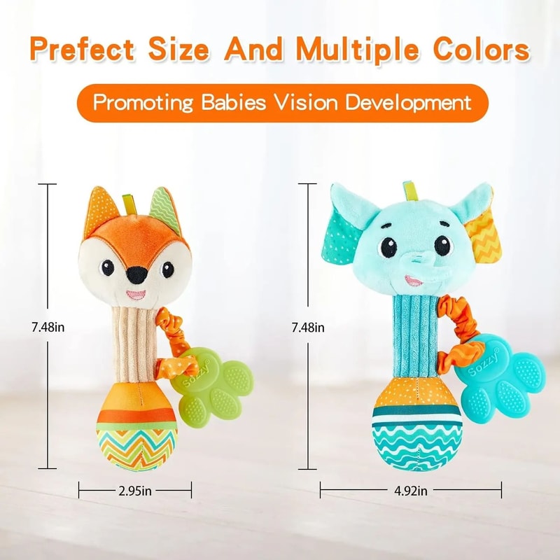 Soft Plush Animal Sensory Shaker And Teether Toy 4