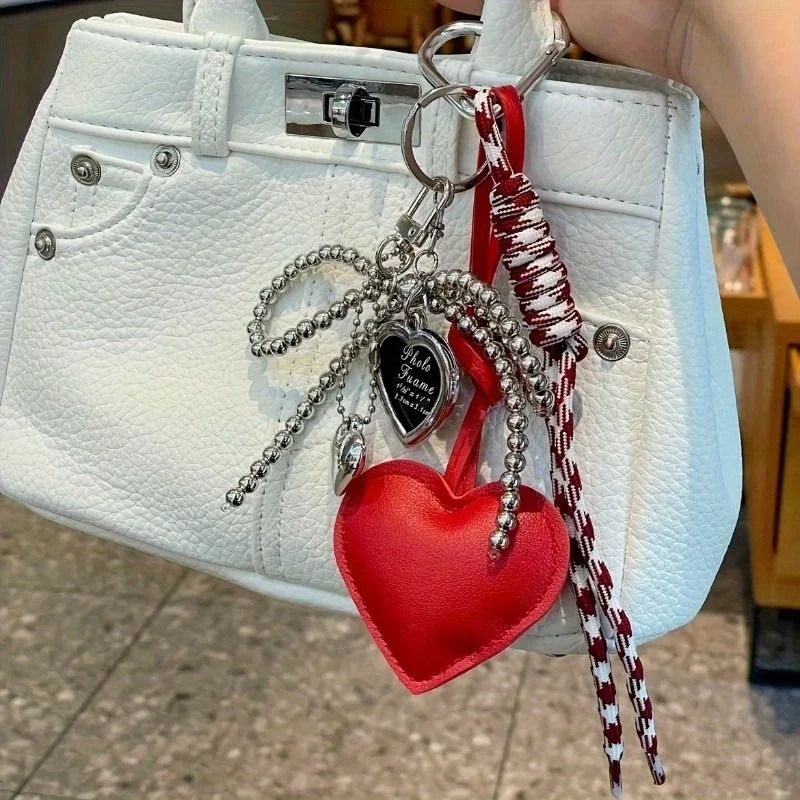 Trendy Leather Heart Bow Delicate Beaded Keychain 1