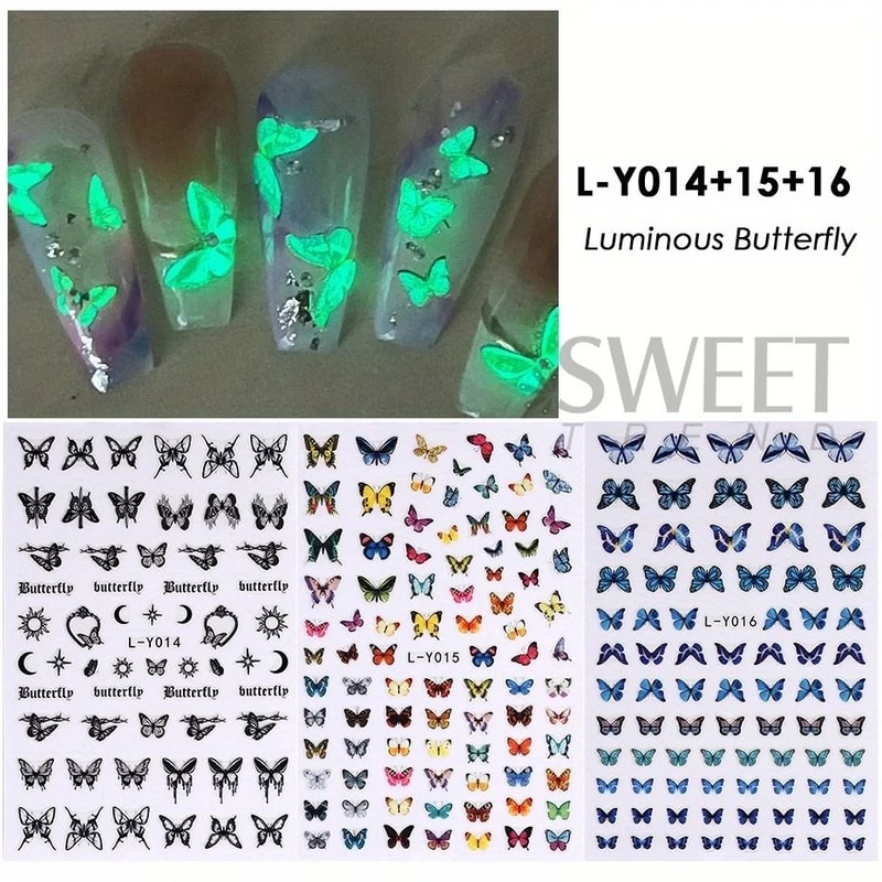 3Piece Luminous Butterfly Nail Decal Set 6