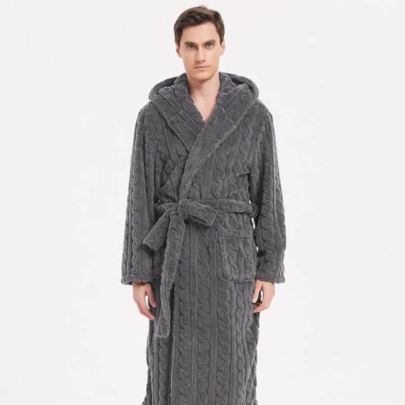 Fall And Winter Mens Warm Robe Pajamas Shu Cotton Velvet Jacquard Hooded Couple Robe 0