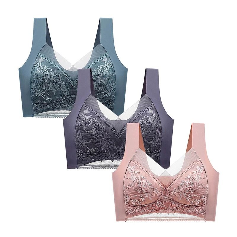 FallSweet 3PCS Lace Push Up Bras For Women Sexy Wireless Ice Silk Deep V Bralette Tops 2