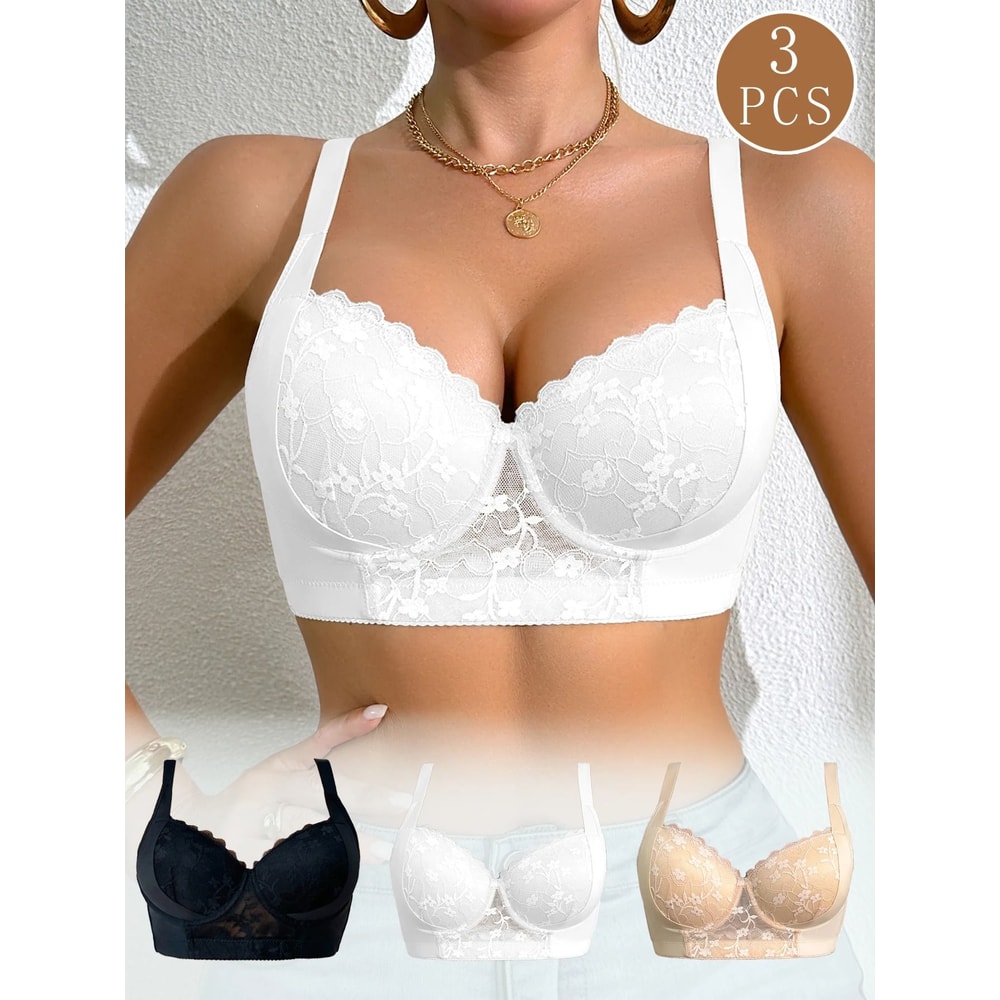 Sexy Womens Lace Splicing Underwire PushUp And Side Breast Minimizing Bra 9