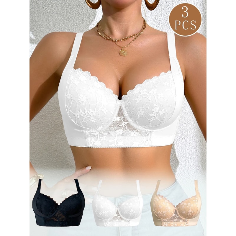 Sexy Womens Lace Splicing Underwire PushUp And Side Breast Minimizing Bra 9