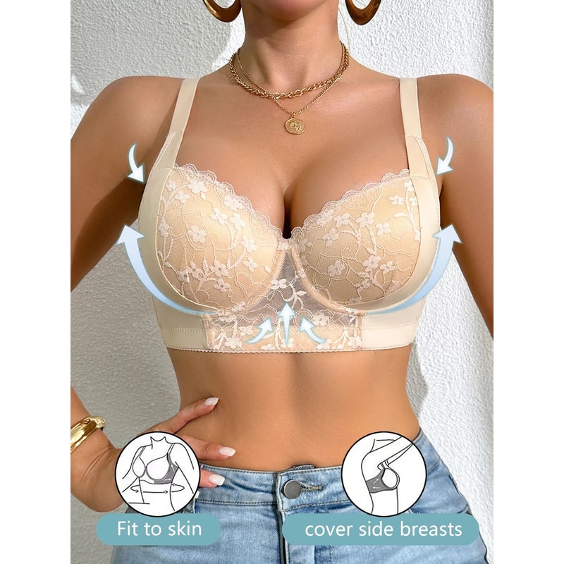 Sexy Womens Lace Splicing Underwire PushUp And Side Breast Minimizing Bra 7