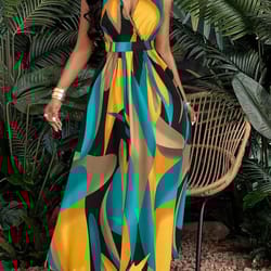 tropical print v-neck cable knit fit and flare maxi dress