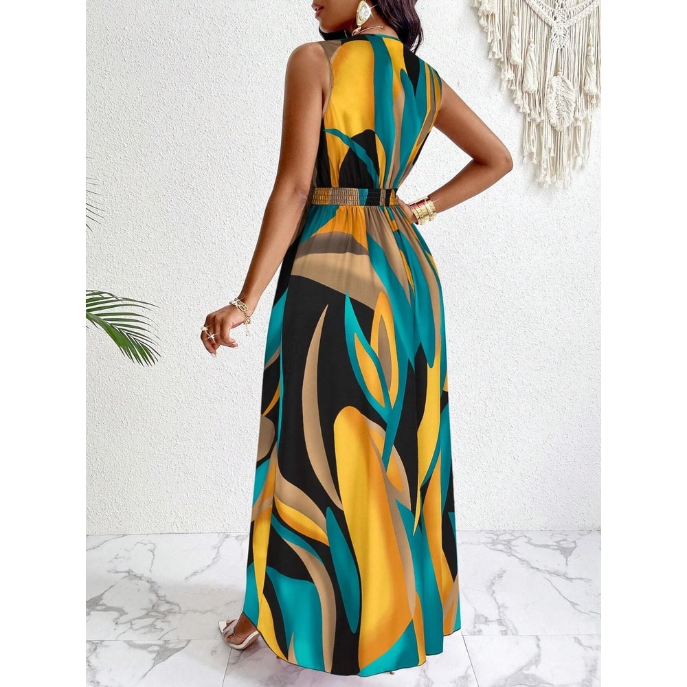 Tropical Print VNeck Cable Knit Fit And Flare Maxi Dress 1