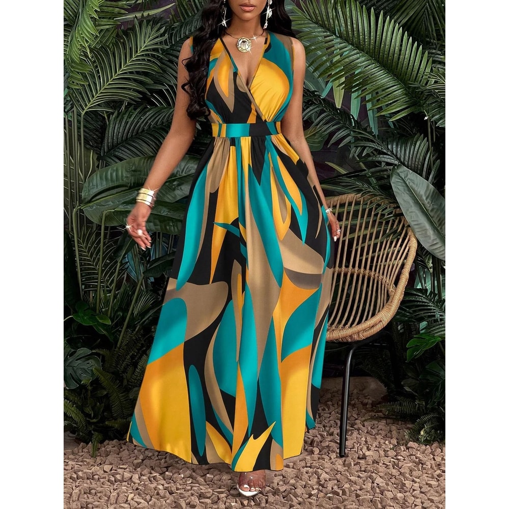 Tropical Print VNeck Cable Knit Fit And Flare Maxi Dress 6