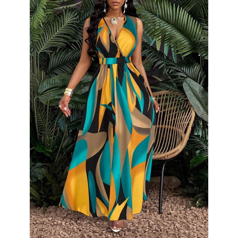 Tropical Print VNeck Cable Knit Fit And Flare Maxi Dress 6