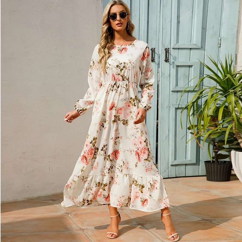 Womens Bohemian Floral Chiffon Full Sleeve Maxi Dress 0