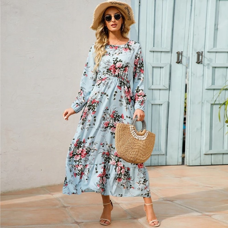 Womens Bohemian Floral Chiffon Full Sleeve Maxi Dress 9