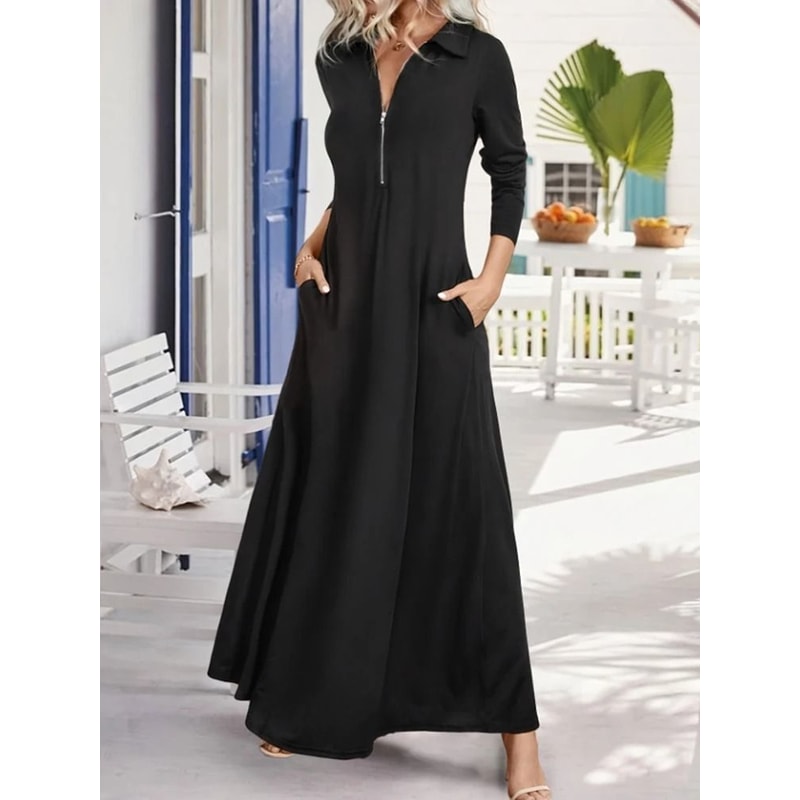 Womens Elegant Solid Long Sleeve Shirt Maxi Dress With Pockets 0