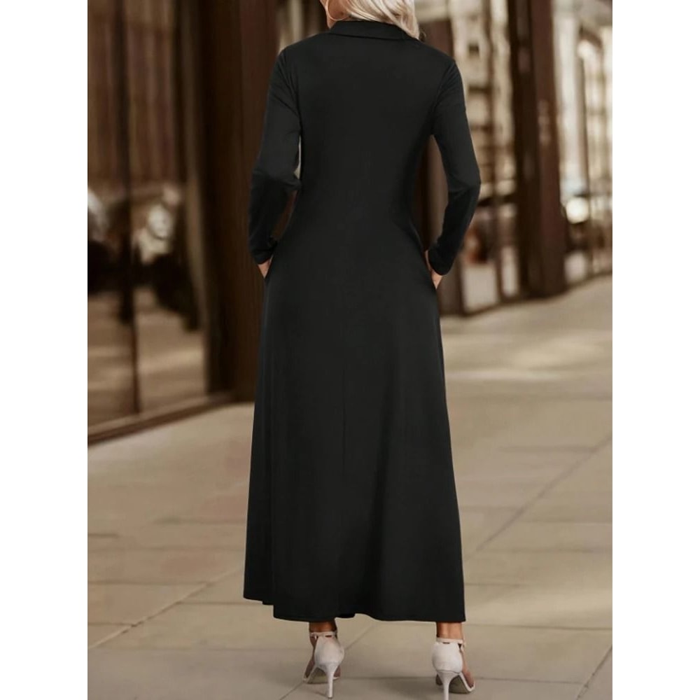 Womens Elegant Solid Long Sleeve Shirt Maxi Dress With Pockets 1