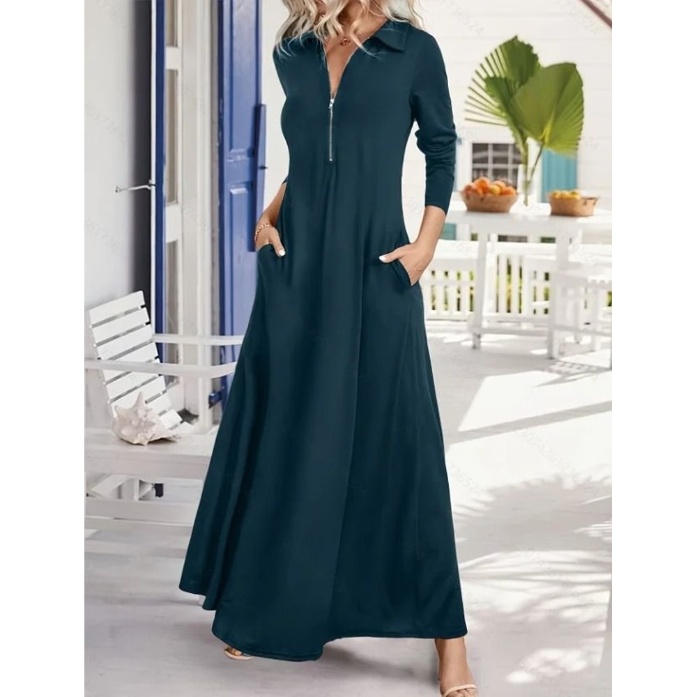 Womens Elegant Solid Long Sleeve Shirt Maxi Dress With Pockets 9