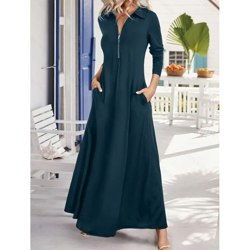 Womens Elegant Solid Long Sleeve Shirt Maxi Dress With Pockets 9