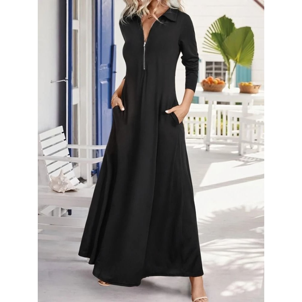 Womens Elegant Solid Long Sleeve Shirt Maxi Dress With Pockets 6