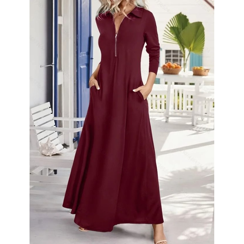Womens Elegant Solid Long Sleeve Shirt Maxi Dress With Pockets 8