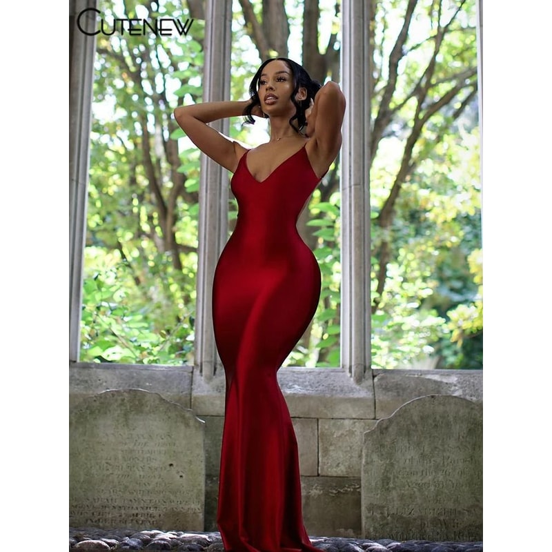 Nibber Red Shiny Spaghetti Strap BodyShaping Maxi Dress 4