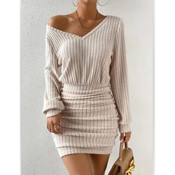 women's autumn winter knitted v-neck wrap sweater dress casual bodycon mini robe