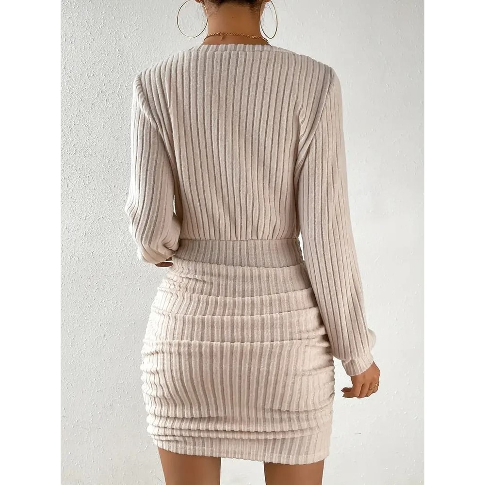 Womens Autumn Winter Knitted VNeck Wrap Sweater Dress Casual Bodycon Mini Robe 1