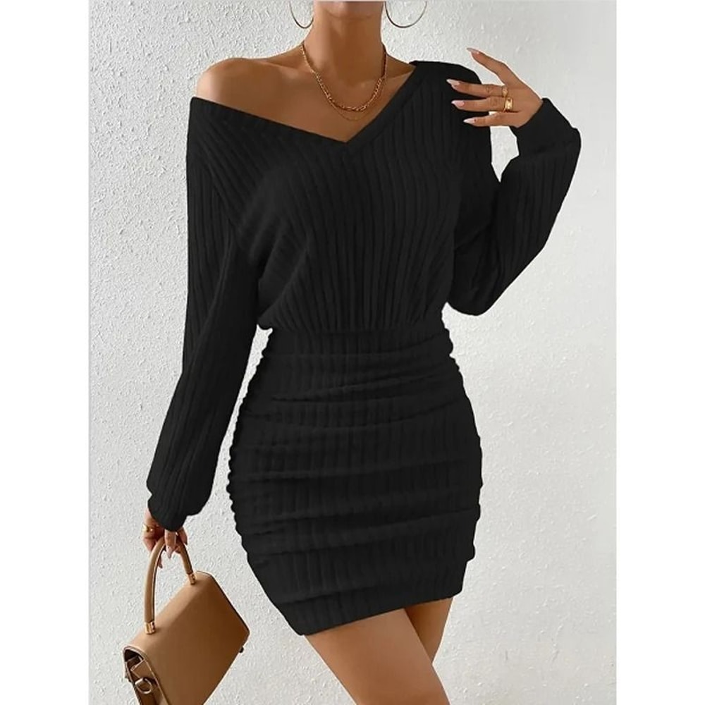 Womens Autumn Winter Knitted VNeck Wrap Sweater Dress Casual Bodycon Mini Robe 2