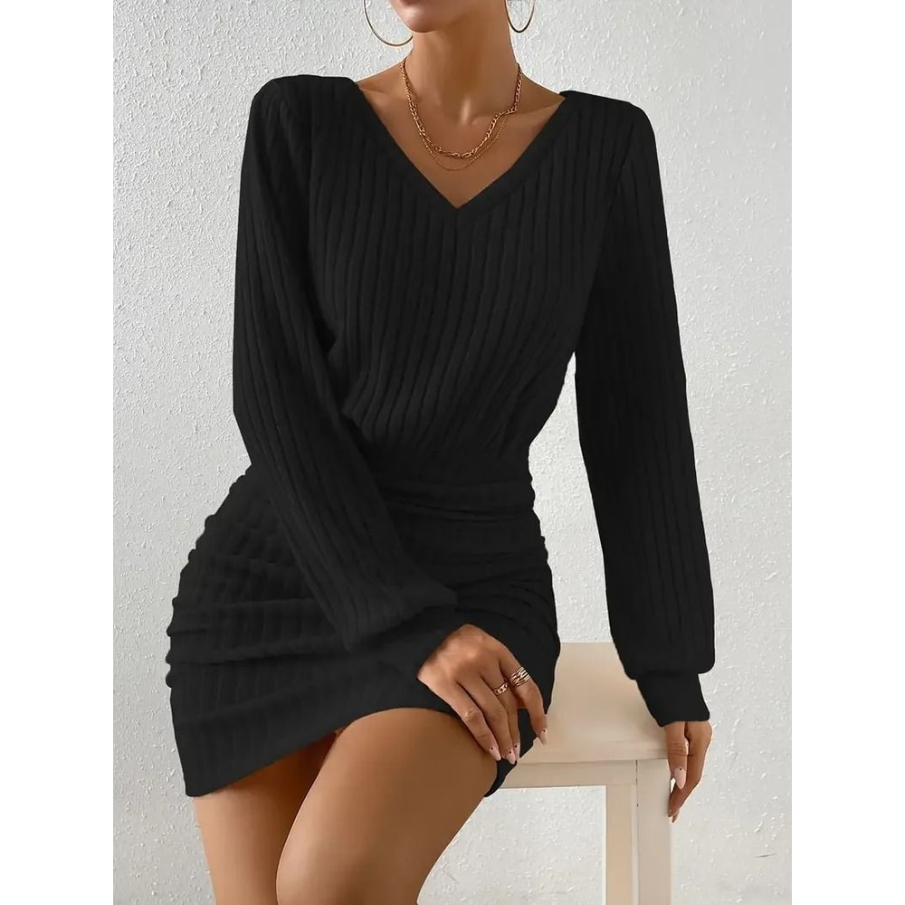 Womens Autumn Winter Knitted VNeck Wrap Sweater Dress Casual Bodycon Mini Robe 4