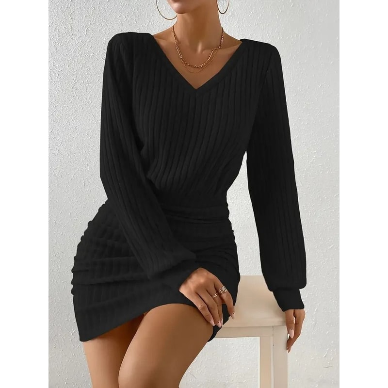 Womens Autumn Winter Knitted VNeck Wrap Sweater Dress Casual Bodycon Mini Robe 4
