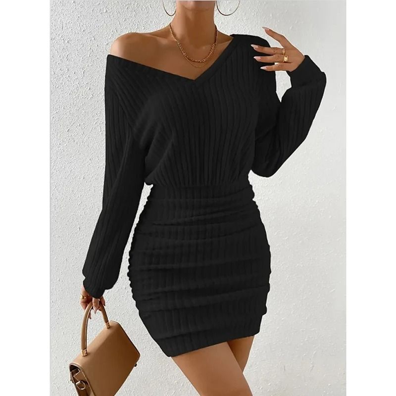 Womens Autumn Winter Knitted VNeck Wrap Sweater Dress Casual Bodycon Mini Robe 6