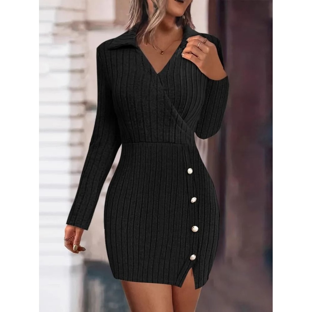 New Autumn And Winter Solid Color VNeck Fitted Bodycon Long Sleeve Dress For Women 0