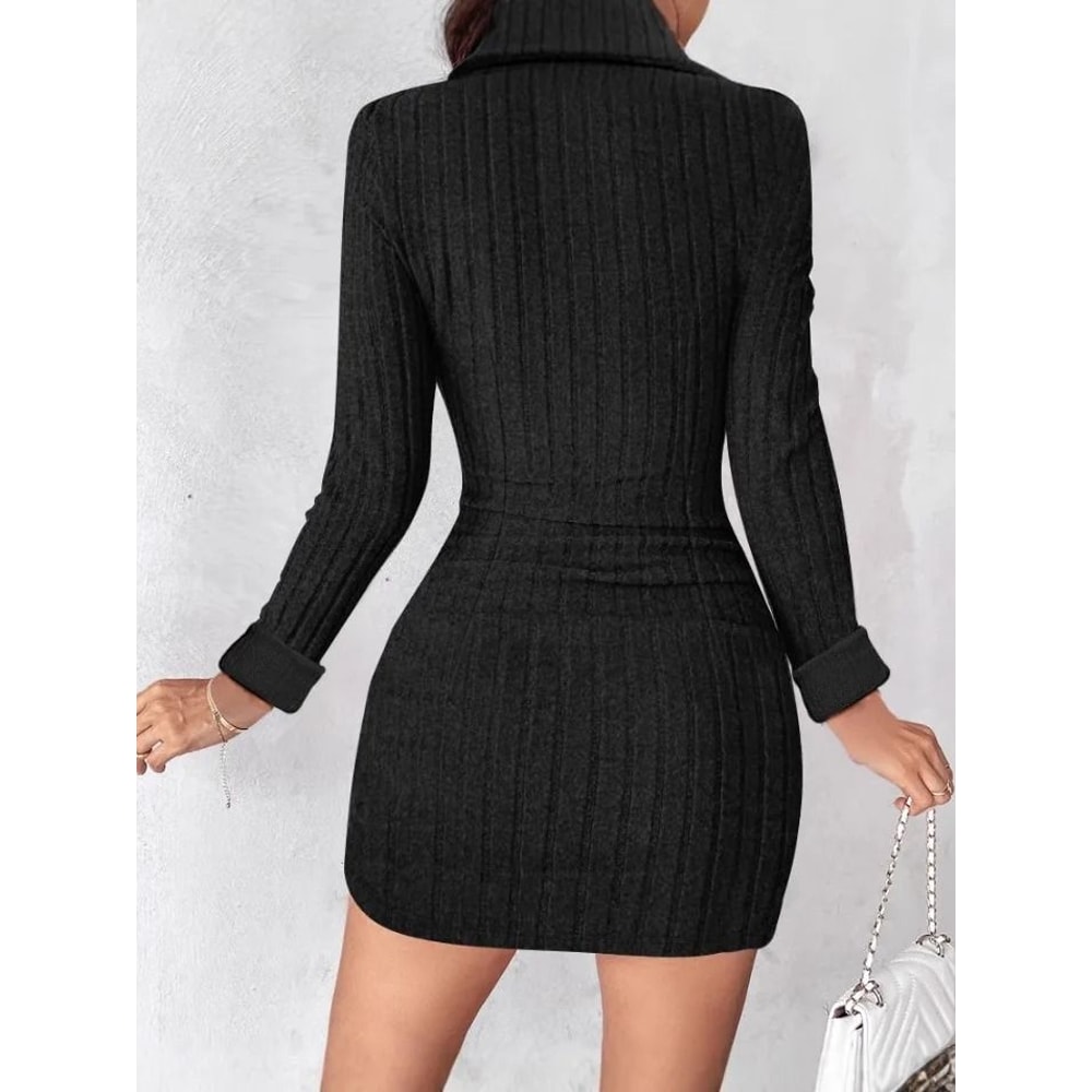 New Autumn And Winter Solid Color VNeck Fitted Bodycon Long Sleeve Dress For Women 1