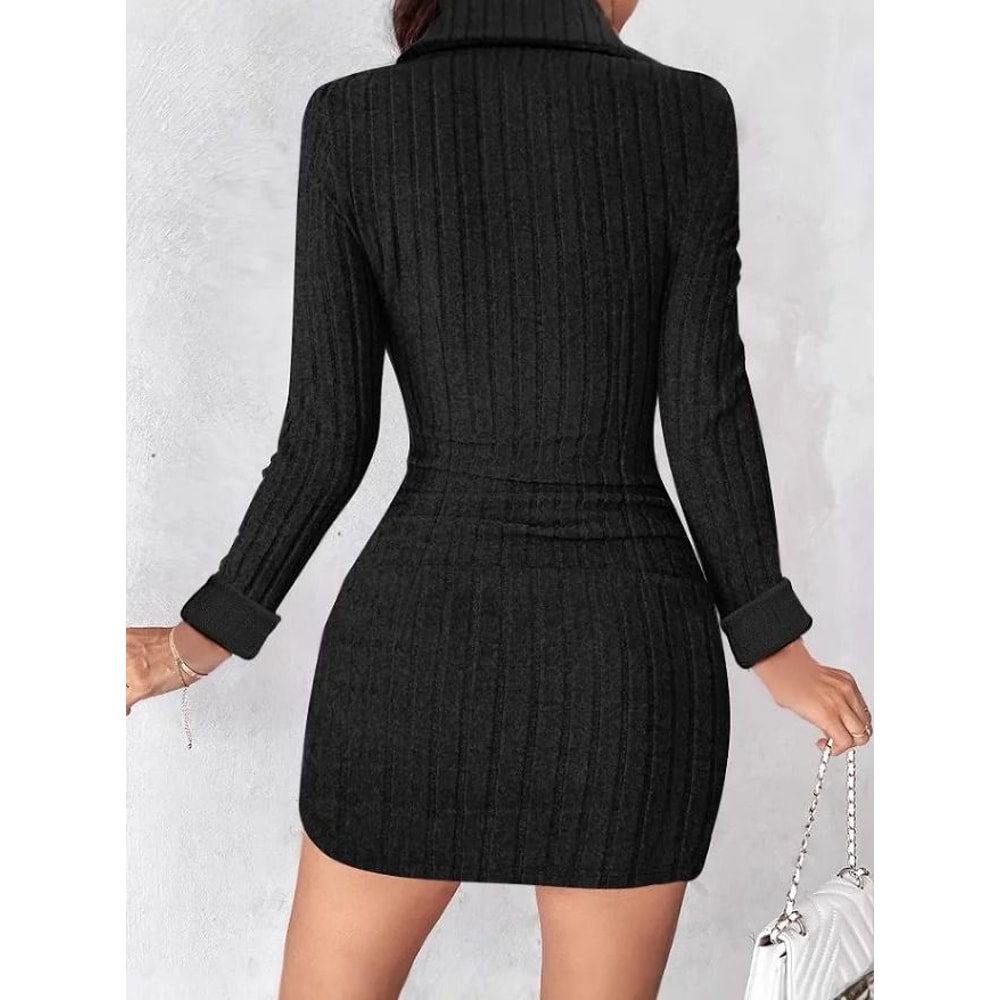 New Autumn And Winter Solid Color VNeck Fitted Bodycon Long Sleeve Dress For Women 4