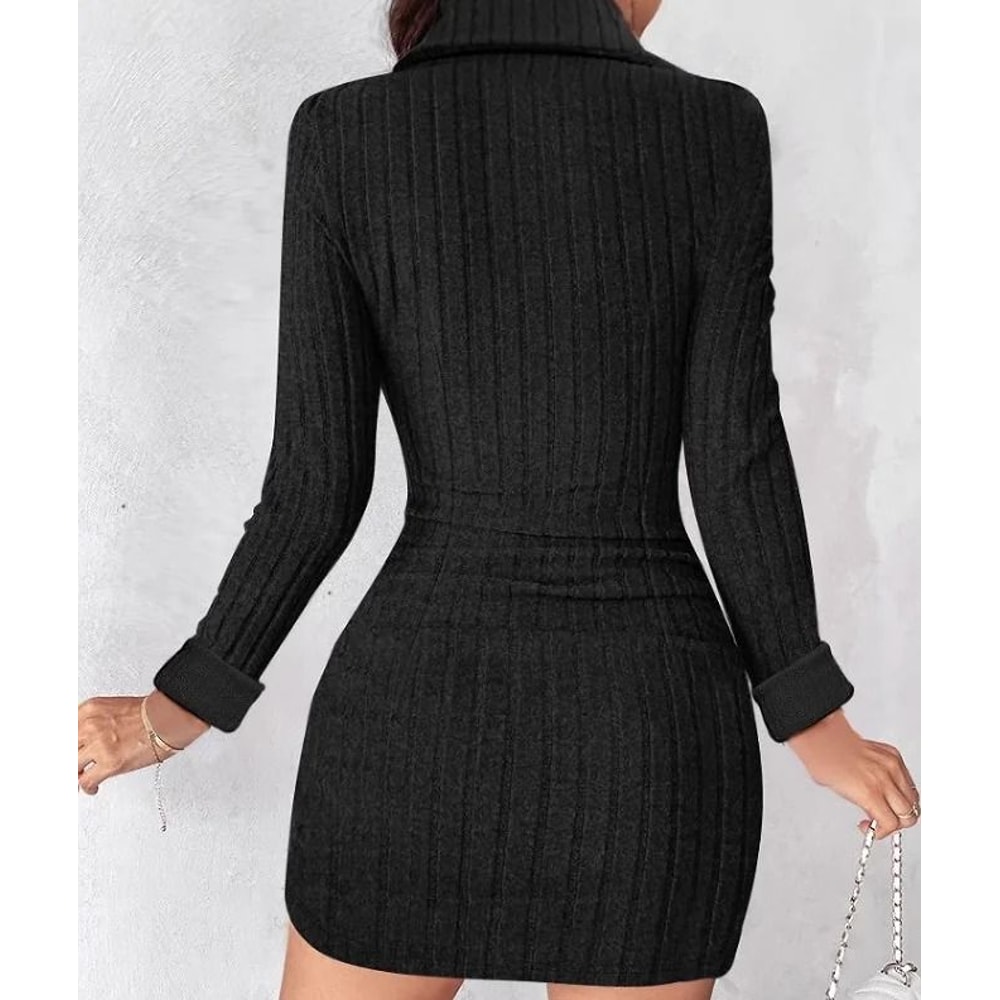 New Autumn And Winter Solid Color VNeck Fitted Bodycon Long Sleeve Dress For Women 5