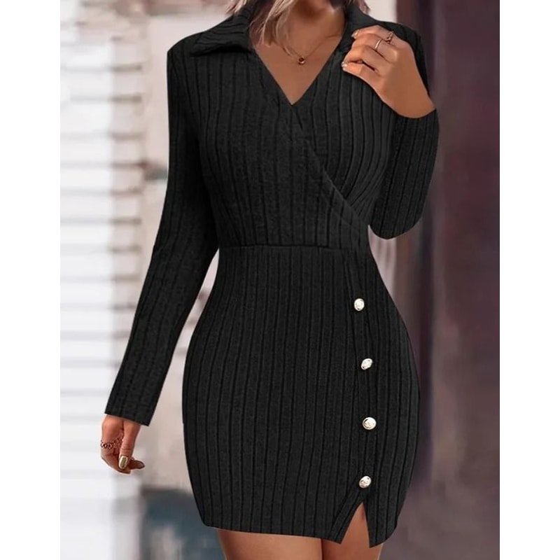 New Autumn And Winter Solid Color VNeck Fitted Bodycon Long Sleeve Dress For Women 6